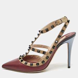 Pre Owned Valentino Red/Burgundy Leather Rockstud Strappy Pointed Toe Pumps Size Size 39