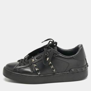 Valentino Black Leather Rockstud Low Top Sneakers Size 36