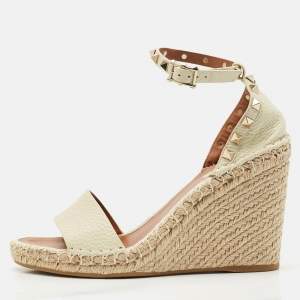 Valentino Cream Leather Rockstud Wedge Espadrille Ankle Strap Sandals Size 39