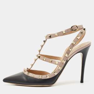 Pre Owned Valentino Black/Beige Leather Rockstud Caged Ankle Strap Pumps Size 40.5