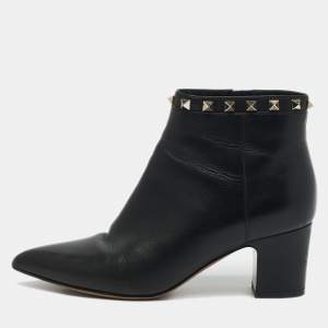 Valentino Black Leather Rockstud Pointed Toe Block Heel Ankle Boots Size 36