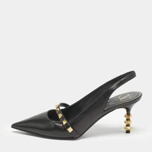 Valentino Black Leather Pointed Toe Rockstud Slingback Pumps Size 37