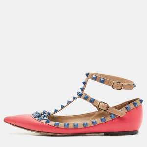 Valentino Pink/Beige Leather Rockstud Ankle Strap Ballet Flats Size 37