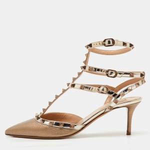 Valentino Metallic Leather Rockstud Caged Ankle Strap Pumps Size 40