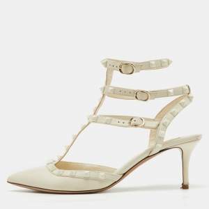 Valentino White Leather Rockstud Caged Ankle Strap Pumps Size 40