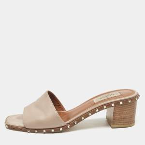Valentino Beige Leather Rockstud Slide Sandals Size 37.5