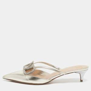 Valentino Gold Leather Crystal Embellished VLogo Mules Size 38.5