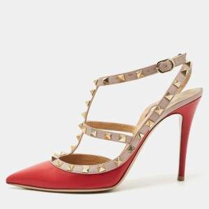 Valentino Red/Beige Leather Rockstud Caged Ankle Strap Pumps Size 39.5