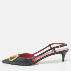 Valentino Black Leather Escape V logo Slingback Pumps Size 40