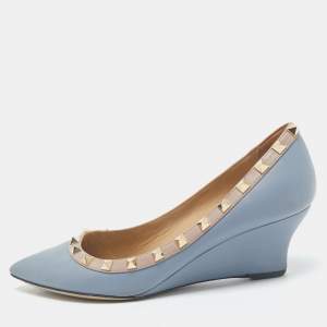 Valentino Blue  Leather Rockstud Pointed Toe Wedge Pumps Size 37.5