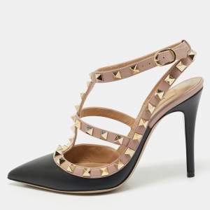 Valentino Black/Beige Leather Rockstud Ankle Strap Pumps Size 35