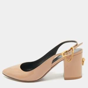 Valentino Beige Patent Leather Pointed Toe Block Heel Slingback Sandals Size 37.5