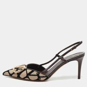 Valentino Brown Iconographe Canvas and Leather VLogo Slingback Pumps Size 39.5