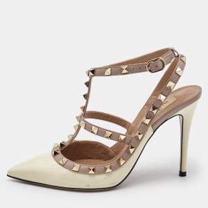 Valentino Off White/Beige Patent and Leather Rockstud Caged Pumps Size 38.5