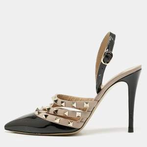 Valentino Black/Dusty Pink Leather Rockstud Caged Slingback Pumps Size 38,5