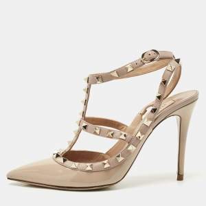 Valentino Beige Patent Leather and Leather Rockstud Caged Ankle Strap Pumps Size 38.5