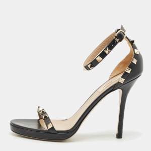 Valentino Black Leather Rockstud Ankle Strap Sandals Size 38.5