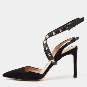 Valentino Black Velvet and Leather Rockstud Ankle Wrap Slingback Pumps Size 36.5