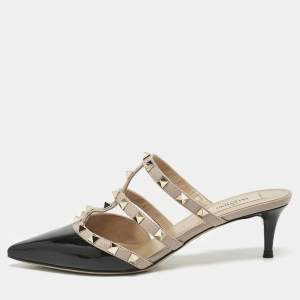 Valentino Black/Dusty Pink Patent and Leather Rockstud Mules Size 37