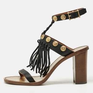 Valentino Black Leather Fringe Studded Ankle Strap Block Heel Sandals Size 39