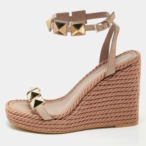 Valentino Beige Suede Roman Stud Platform Wedge Sandals Size 38