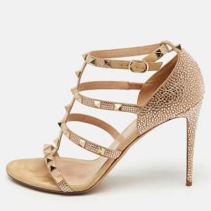 Valentino Beige Suede Crystal Embellished Rockstud Caged Sandals Size 40