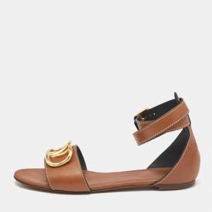 Valentino Brown Leather VLogo Slingback Flat Sandals Size 38.5