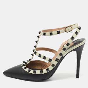 Valentino Black/White Leather Rockstud Ankle Strap Pumps Size 39