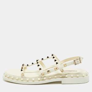 Valentino Cream Leather Rockstud Slingback Sandals Size 40.5