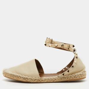 Valentino Cream Leather Rockstud Ankle Strap Espadrille Flats Size 39
