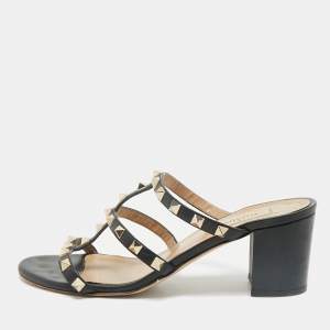 Valentino Black Leather Rockstud Ankle Strap Sandals Size 38