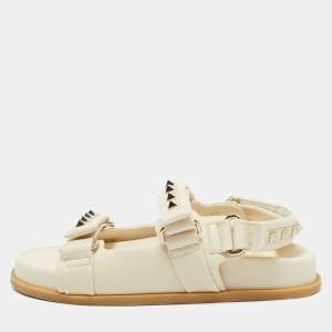 Valentino Cream Leather Rockstud Flat Sandals Size 36.5