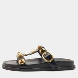 Valentino Black Leather Roman Stud Flat Slide Sandals Size 36