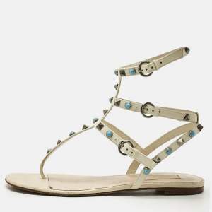 Valentino Cream Leather Rockstud Ankle Wrap Flat Sandals Size 38