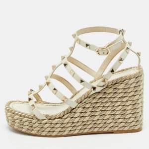 Valentino Cream Leather Rockstud Wedge Sandals Size 38
