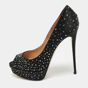 Valentino Black Crystal Embellished Satin Peep Toe Platform Pumps Size 41