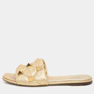 Pre Owned Valentino Gold Quilted Leather Roman Stud Flat Slides Size 38.5