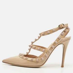 Pre Owned Valentino Beige Patent Leather Rockstud Caged Pumps Size 37.5