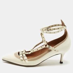 Pre Owned Valentino Cream/Beige Leather Kitten Heels Ankle Strap Pointed Toe Pumps Size 35