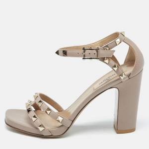 Valentino Beige Leather Rockstud Ankle Strap Sandals Size 36.5