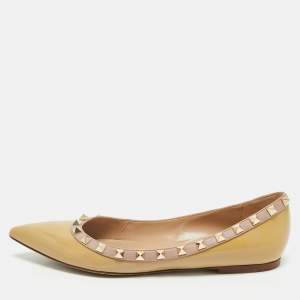 Valentino Beige Patent Leather Rockstud Pointed Toe Ballet Flats Size 38
