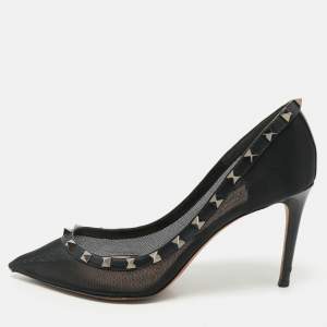 Pre Owned Valentino Black Leather and Mesh Rockstud Pointed Toe Pumps Size 40.5