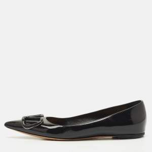 مملوكة مسبقًا Valentino Black Leather VLogo Pointed Toe Ballet Flats Size 37.5