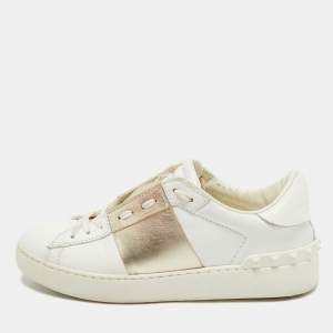 Pre Owned Valentino White/Gold Leather Rockstud Low Top Sneakers Size 37.5