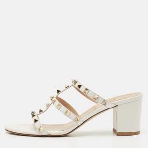 Pre Owned Valentino White Leather Rockstud Slide Sandals Size 38.5