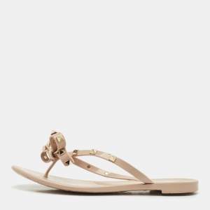Pre Owned Valentino Beige Jelly Bow Rockstud Thong Flats Size 37