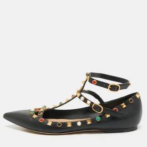 Valentino Black Leather Rockstud Rolling Ankle Strap Ballet Flats Size 39.5