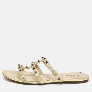 Pre Owned Valentino Gold Leather Rockstud Flat Slides Size 39.5