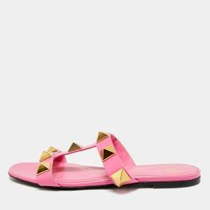Valentino Pink Leather Roman Stud Flat Slides Size 39