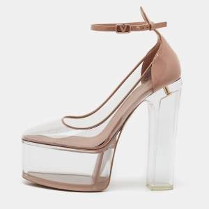 Valentino Transparent/Beige PVC and Patent Leather Tan-Go Platform Ankle Strap Pumps Size 38